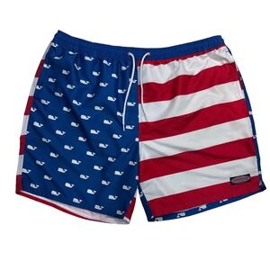 Vineyard Vines Men's Swim Trunks Flag Whale Print Elastic Waist Drawstring XXL